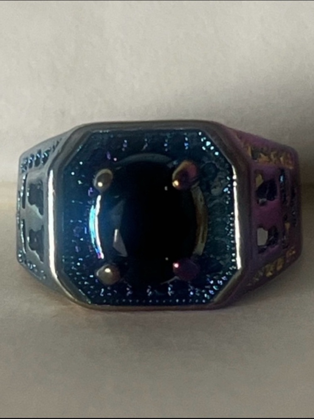 Iridescent Ring with Black Gem NWOT